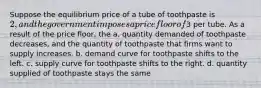 Suppose the equilibrium price of a tube of toothpaste is 2, and the government imposes a price floor of3 per tube. As a result of the price floor, the a. quantity demanded of toothpaste decreases, and the quantity of toothpaste that firms want to supply increases. b. demand curve for toothpaste shifts to the left. c. supply curve for toothpaste shifts to the right. d. quantity supplied of toothpaste stays the same