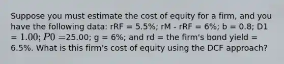 Suppose you must estimate the cost of equity for a firm, and you have the following data: rRF = 5.5%; rM - rRF = 6%; b = 0.8; D1 = 1.00; P0 =25.00; g = 6%; and rd = the firm's bond yield = 6.5%. What is this firm's cost of equity using the DCF approach?