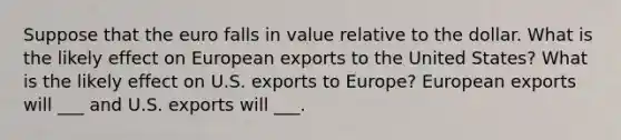 Suppose that the euro falls in value relative to the dollar. What is the likely effect on European exports to the United​ States? What is the likely effect on U.S. exports to​ Europe? European exports will ___ and U.S. exports will ___.