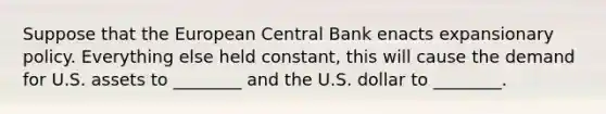 Suppose that the European Central Bank enacts expansionary policy. Everything else held constant, this will cause the demand for U.S. assets to ________ and the U.S. dollar to ________.