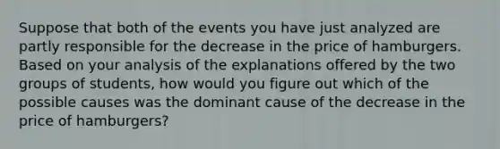 Suppose that both of the events you have just analyzed are partly responsible for the decrease in the price of hamburgers. Based on your analysis of the explanations offered by the two groups of students, how would you figure out which of the possible causes was the dominant cause of the decrease in the price of hamburgers?