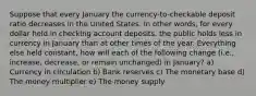 Suppose that every January the currency-to-checkable deposit ratio decreases in the United States. In other words, for every dollar held in checking account deposits, the public holds less in currency in January than at other times of the year. Everything else held constant, how will each of the following change (i.e., increase, decrease, or remain unchanged) in January? a) Currency in circulation b) Bank reserves c) The monetary base d) The money multiplier e) The money supply