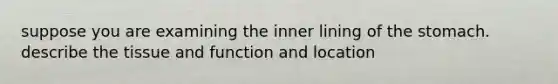 suppose you are examining the inner lining of the stomach. describe the tissue and function and location