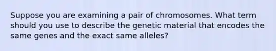 Suppose you are examining a pair of chromosomes. What term should you use to describe the genetic material that encodes the same genes and the exact same alleles?