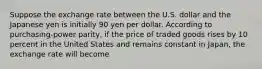 Suppose the exchange rate between the U.S. dollar and the Japanese yen is initially 90 yen per dollar. According to purchasing-power parity, if the price of traded goods rises by 10 percent in the United States and remains constant in Japan, the exchange rate will become