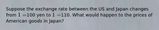 Suppose the exchange rate between the US and Japan changes from 1 =100 yen to 1 =110. What would happen to the prices of American goods in Japan?