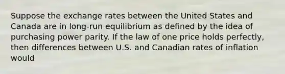 Suppose the exchange rates between the United States and Canada are in long-run equilibrium as defined by the idea of purchasing power parity. If the law of one price holds perfectly, then differences between U.S. and Canadian rates of inflation would