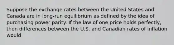 Suppose the exchange rates between the United States and Canada are in long-run equilibrium as defined by the idea of purchasing power parity. If the law of one price holds perfectly, then differences between the U.S. and Canadian rates of inflation would