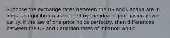 Suppose the exchange rates between the US and Canada are in long-run equilibrium as defined by the idea of purchasing power parity. If the law of one price holds perfectly, then differences between the US and Canadian rates of inflation would