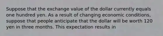 Suppose that the exchange value of the dollar currently equals one hundred yen. As a result of changing economic conditions, suppose that people anticipate that the dollar will be worth 120 yen in three months. This expectation results in