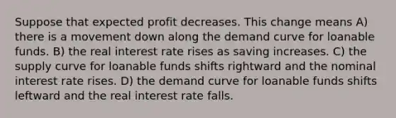 Suppose that expected profit decreases. This change means A) there is a movement down along the demand curve for loanable funds. B) the real interest rate rises as saving increases. C) the supply curve for loanable funds shifts rightward and the nominal interest rate rises. D) the demand curve for loanable funds shifts leftward and the real interest rate falls.