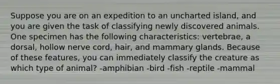 Suppose you are on an expedition to an uncharted island, and you are given the task of classifying newly discovered animals. One specimen has the following characteristics: vertebrae, a dorsal, hollow nerve cord, hair, and mammary glands. Because of these features, you can immediately classify the creature as which type of animal? -amphibian -bird -fish -reptile -mammal