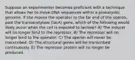 Suppose an experimenter becomes proficient with a technique that allows her to move DNA sequences within a prokaryotic genome. If she moves the operator to the far end of the operon, past the transacetylase (lacA) gene, which of the following would likely occur when the cell is exposed to lactose? A) The inducer will no longer bind to the repressor. B) The repressor will no longer bind to the operator. C) The operon will never be transcribed. D) The structural genes will be transcribed continuously. E) The repressor protein will no longer be produced.