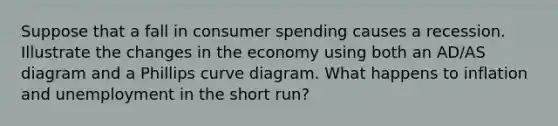 Suppose that a fall in consumer spending causes a recession. Illustrate the changes in the economy using both an AD/AS diagram and a Phillips curve diagram. What happens to inflation and unemployment in the short run?