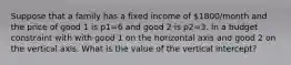 Suppose that a family has a fixed income of 1800/month and the price of good 1 is p1=6 and good 2 is p2=3. In a budget constraint with with good 1 on the horizontal axis and good 2 on the vertical axis. What is the value of the vertical intercept?