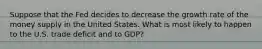 Suppose that the Fed decides to decrease the growth rate of the money supply in the United States. What is most likely to happen to the U.S. trade deficit and to GDP?