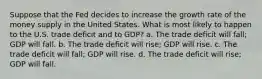 Suppose that the Fed decides to increase the growth rate of the money supply in the United States. What is most likely to happen to the U.S. trade deficit and to GDP? a. The trade deficit will fall; GDP will fall. b. The trade deficit will rise; GDP will rise. c. The trade deficit will fall; GDP will rise. d. The trade deficit will rise; GDP will fall.