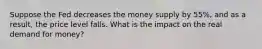 Suppose the Fed decreases the money supply by 55%, and as a result, the price level falls. What is the impact on the real demand for money?