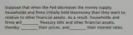 Suppose that when the Fed decreases the money supply, households and firms initially hold lessmoney than they want to, relative to other financial assets. As a result, households and firms will_________ Treasury bills and other financial assets, thereby _________ their prices, and_________ their interest rates.