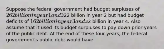 Suppose the federal government had budget surpluses of 262 billion in year 1 and322 billion in year 2 but had budget deficits of 162 billion in year 3 and32 billion in year 4. Also assume that it used its budget surpluses to pay down prior years of the public debt. At the end of these four years, the federal government's public debt would have