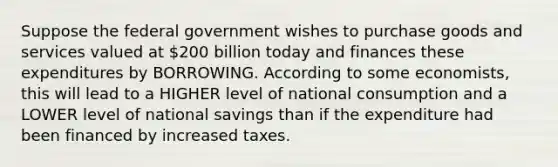 Suppose the federal government wishes to purchase goods and services valued at​ 200 billion today and finances these expenditures by BORROWING. According to some​ economists, this will lead to a HIGHER level of national consumption and a LOWER level of national savings than if the expenditure had been financed by increased taxes.