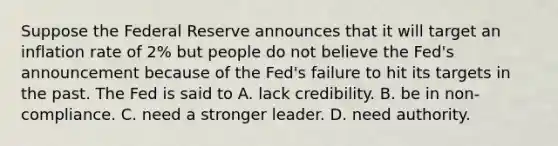 Suppose the Federal Reserve announces that it will target an inflation rate of​ 2% but people do not believe the​ Fed's announcement because of the​ Fed's failure to hit its targets in the past. The Fed is said to A. lack credibility. B. be in​ non-compliance. C. need a stronger leader. D. need authority.