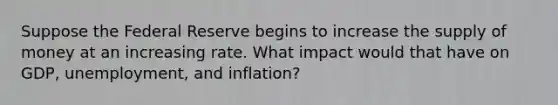 Suppose the Federal Reserve begins to increase the supply of money at an increasing rate. What impact would that have on GDP, unemployment, and inflation?