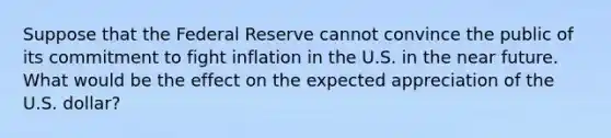 Suppose that the Federal Reserve cannot convince the public of its commitment to fight inflation in the U.S. in the near future. What would be the effect on the expected appreciation of the U.S. dollar?