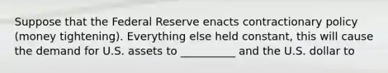 Suppose that the Federal Reserve enacts contractionary policy (money tightening). Everything else held constant, this will cause the demand for U.S. assets to __________ and the U.S. dollar to