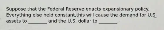 Suppose that the Federal Reserve enacts expansionary policy. Everything else held constant,this will cause the demand for U.S. assets to ________ and the U.S. dollar to ________.