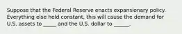 Suppose that the Federal Reserve enacts expansionary policy. Everything else held constant, this will cause the demand for U.S. assets to _____ and the U.S. dollar to ______.