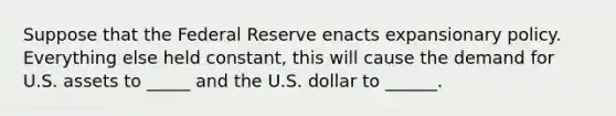 Suppose that the Federal Reserve enacts expansionary policy. Everything else held constant, this will cause the demand for U.S. assets to _____ and the U.S. dollar to ______.