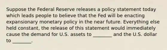 Suppose the Federal Reserve releases a policy statement today which leads people to believe that the Fed will be enacting expansionary monetary policy in the near future. Everything else held constant, the release of this statement would immediately cause the demand for U.S. assets to ________ and the U.S. dollar to ________.