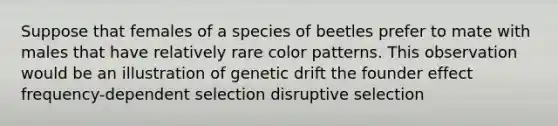 Suppose that females of a species of beetles prefer to mate with males that have relatively rare color patterns. This observation would be an illustration of genetic drift the founder effect frequency-dependent selection disruptive selection