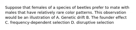 Suppose that females of a species of beetles prefer to mate with males that have relatively rare color patterns. This observation would be an illustration of A. Genetic drift B. The founder effect C. frequency-dependent selection D. disruptive selection