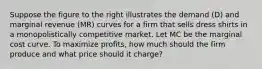 Suppose the figure to the right illustrates the demand ​(D​) and marginal revenue ​(MR​) curves for a firm that sells dress shirts in a monopolistically competitive market. Let MC be the marginal cost curve. To maximize​ profits, how much should the firm produce and what price should it​ charge?