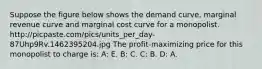 Suppose the figure below shows the demand curve, marginal revenue curve and marginal cost curve for a monopolist. http://picpaste.com/pics/units_per_day-87Uhp9Rv.1462395204.jpg The profit-maximizing price for this monopolist to charge is: A: E. B: C. C: B. D: A.