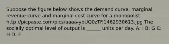 Suppose the figure below shows the demand curve, marginal revenue curve and marginal cost curve for a monopolist. http://picpaste.com/pics/aaaa-ybUQ0zTF.1462930613.jpg The socially optimal level of output is ______ units per day. A: I B: G C: H D: F