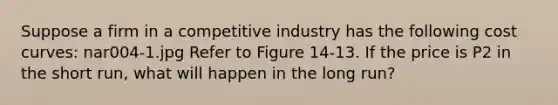 Suppose a firm in a competitive industry has the following cost curves: nar004-1.jpg Refer to Figure 14-13. If the price is P2 in the short run, what will happen in the long run?