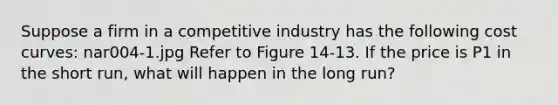 Suppose a firm in a competitive industry has the following cost curves: nar004-1.jpg Refer to Figure 14-13. If the price is P1 in the short run, what will happen in the long run?