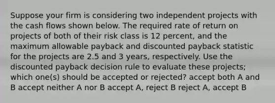 Suppose your firm is considering two independent projects with the cash flows shown below. The required rate of return on projects of both of their risk class is 12 percent, and the maximum allowable payback and discounted payback statistic for the projects are 2.5 and 3 years, respectively. Use the discounted payback decision rule to evaluate these projects; which one(s) should be accepted or rejected? accept both A and B accept neither A nor B accept A, reject B reject A, accept B