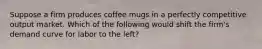 Suppose a firm produces coffee mugs in a perfectly competitive output market. Which of the following would shift the firm's demand curve for labor to the left?