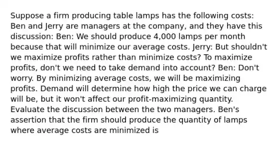 Suppose a firm producing table lamps has the following​ costs: Ben and Jerry are managers at the​ company, and they have this​ discussion: Ben​: We should produce​ 4,000 lamps per month because that will minimize our average costs. Jerry​: But​ shouldn't we maximize profits rather than minimize​ costs? To maximize​ profits, don't we need to take demand into​ account? Ben​: Don't worry. By minimizing average​ costs, we will be maximizing profits. Demand will determine how high the price we can charge will​ be, but it​ won't affect our​ profit-maximizing quantity. Evaluate the discussion between the two managers. ​Ben's assertion that the firm should produce the quantity of lamps where average costs are minimized is