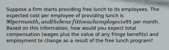 Suppose a firm starts providing free lunch to its employees. The expected cost per employee of providing lunch is 90 per month, and the benefit to each employee is95 per month. Based on this information, how would you expect total compensation (wages plus the value of any fringe benefits) and employment to change as a result of the free lunch program?