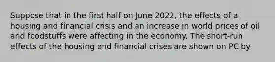 Suppose that in the first half on June 2022, the effects of a housing and financial crisis and an increase in world prices of oil and foodstuffs were affecting in the economy. The short-run effects of the housing and financial crises are shown on PC by