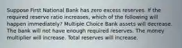 Suppose First National Bank has zero excess reserves. If the required reserve ratio increases, which of the following will happen immediately? Multiple Choice Bank assets will decrease. The bank will not have enough required reserves. The money multiplier will increase. Total reserves will increase.