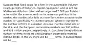 Suppose that fixed costs for a firm in the automobile industry​ (start-up costs of​ factories, capital​ equipment, and so​ on) are​ 5 billion and that variable costs are equal to​17,000 per finished automobile. Because more firms increase competition in the​ market, the market price falls as more firms enter an automobile​ market, or specifically P=17,000+(150/n)​, where n represents the number of firms in a market. Assume that the initial size of the U.S. and the European automobile markets are 300 million and 533 million​ people, respectively. A. Calculate the equilibrium number of firms in the US and European automobile markets without trade. In the US there will be _____ firms. In Europe there will be ____