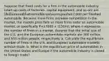 Suppose that fixed costs for a firm in the automobile industry​ (start-up costs of​ factories, capital​ equipment, and so​ on) are​ 5 billion and that variable costs are equal to​17,000 per finished automobile. Because more firms increase competition in the​ market, the market price falls as more firms enter an automobile​ market, or specifically P=17000 + (150/n)​, where n represents the number of firms in a market. Assume that the initial size of the U.S. and the European automobile markets are 300 million and 533 million​ people, respectively. a. Calculate the equilibrium number of firms in the U.S. and European automobile markets without trade. b. What is the equilibrium price of automobiles in the United States and Europe if the automobile industry is closed to foreign​ trade?