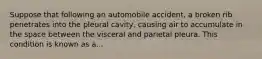 Suppose that following an automobile accident, a broken rib penetrates into the pleural cavity, causing air to accumulate in the space between the visceral and parietal pleura. This condition is known as a...