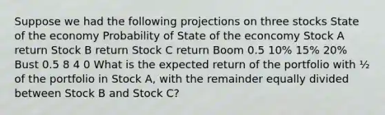 Suppose we had the following projections on three stocks State of the economy Probability of State of the econcomy Stock A return Stock B return Stock C return Boom 0.5 10% 15% 20% Bust 0.5 8 4 0 What is the expected return of the portfolio with ½ of the portfolio in Stock A, with the remainder equally divided between Stock B and Stock C?